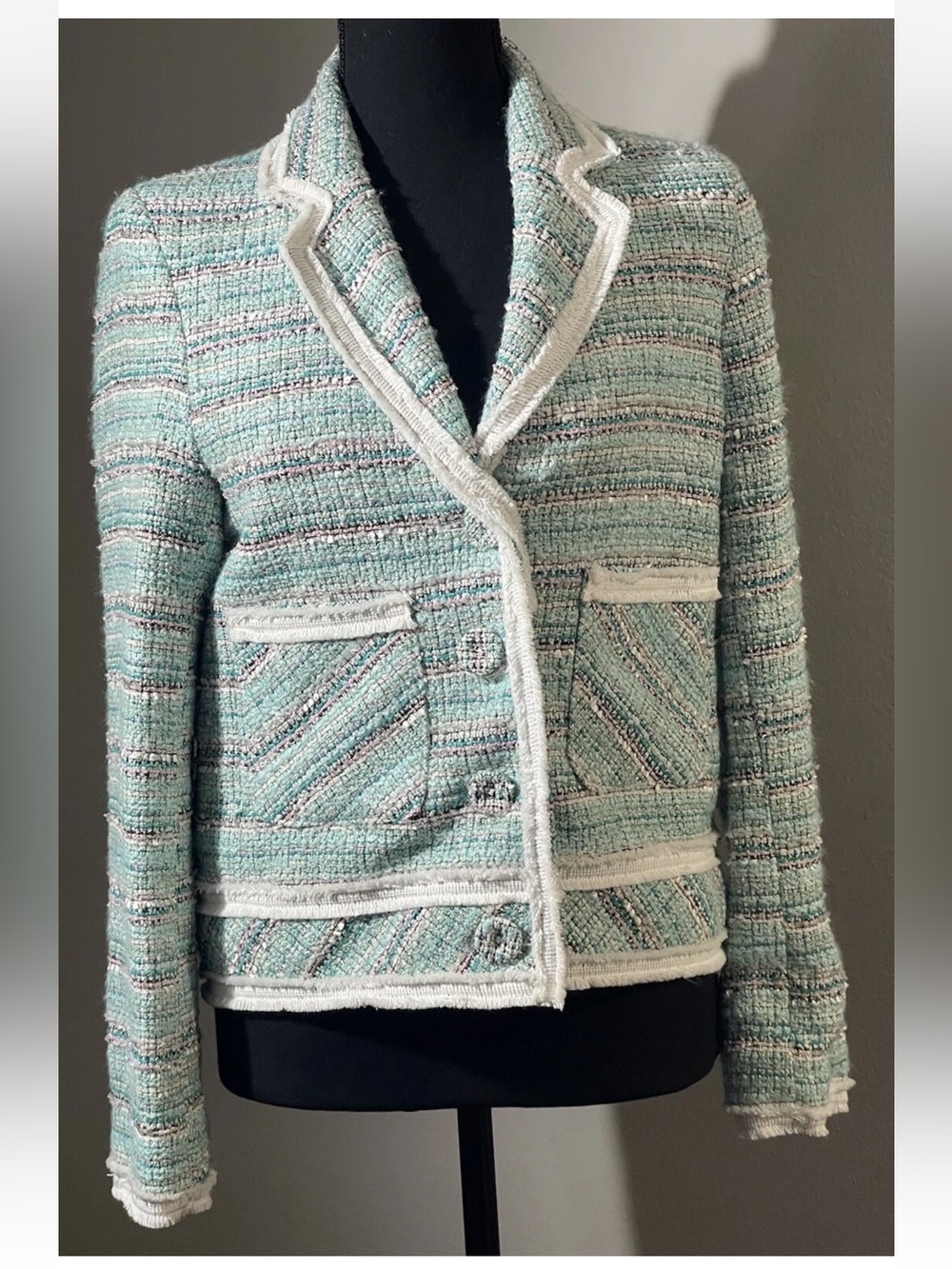 Helene Berman Tweed Multicolor Knit TealGreen Blue Blazer S Made In England